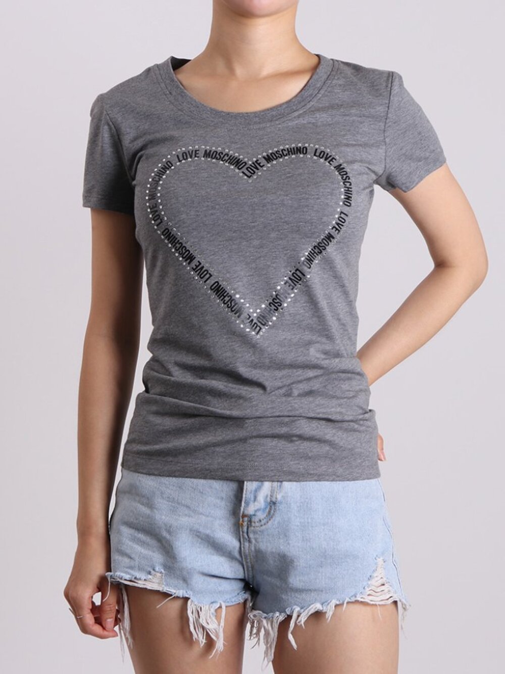 NWT - Love Moschino Rhinestone Heart T-shirt - Grey🩶